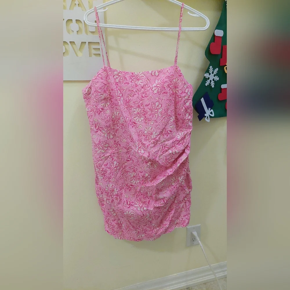 Zara Pink floral Jacquard Slip 100% Cotton Plus size Mini Graduation Party Dress - Picture 3 of 3
